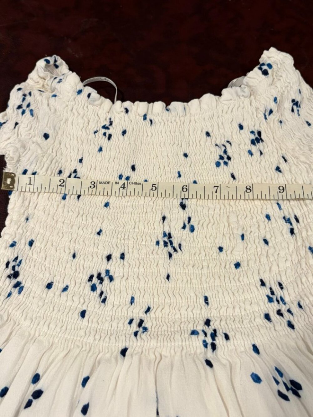 Lulus off the shoulder white smocked dress with blue dots design, XS - Picture 6 of 8